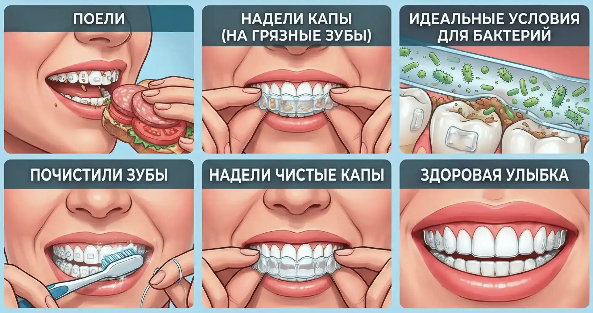 Пошаговая инструкция: после еды почистить зубы и надеть чистые элайнеры