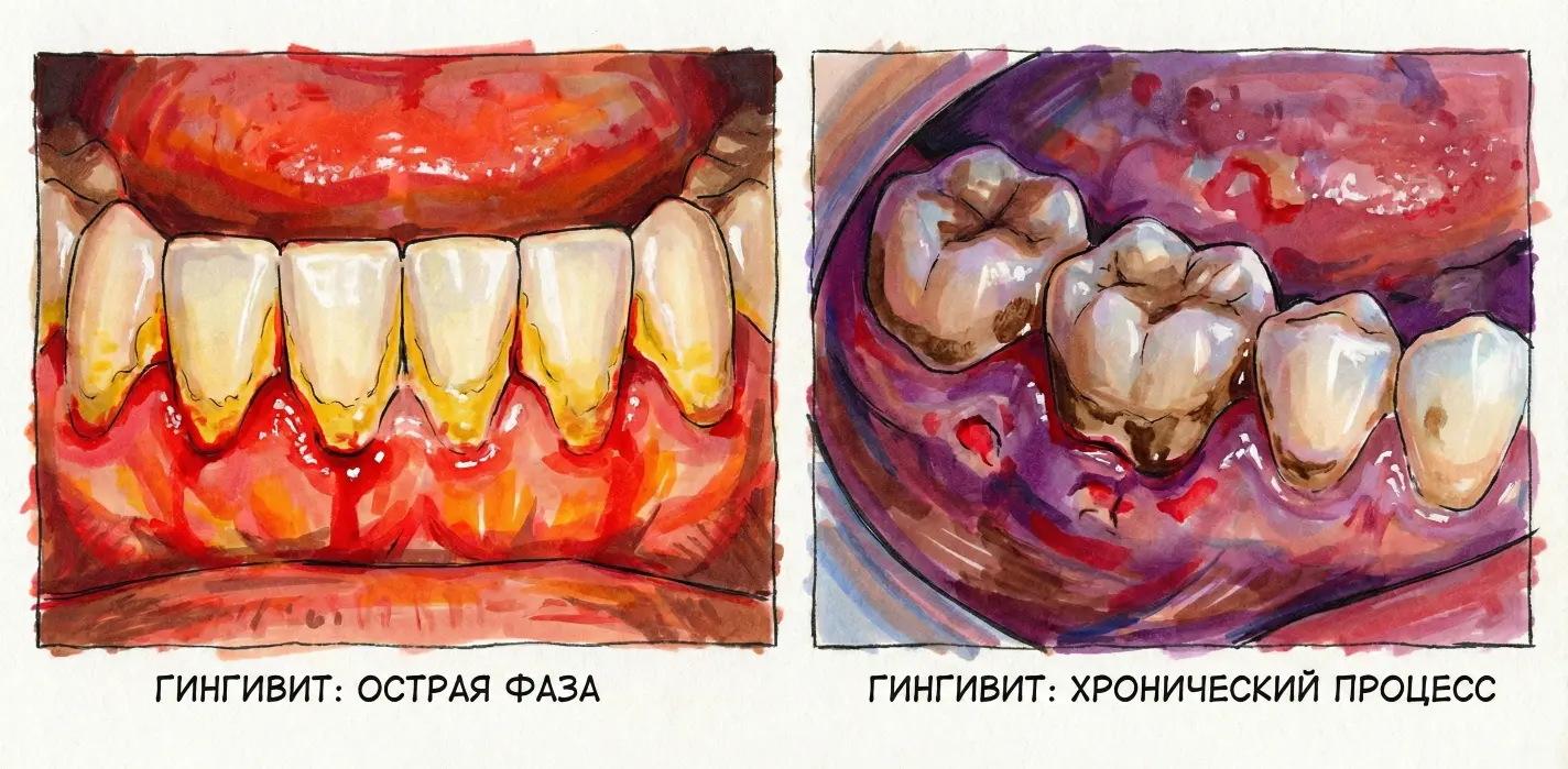 Последствия зубного камня: гингивит-воспаление десен острая фаза