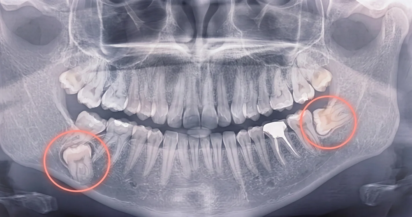 Снимок КТ ретинированных восьмерок зубов мудрости