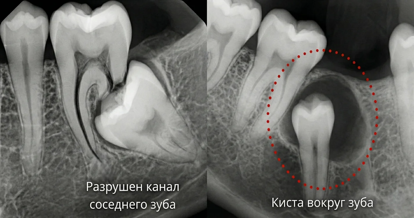 Резорбция канала соседнего зуба и киста вокруг ретинированного зуба