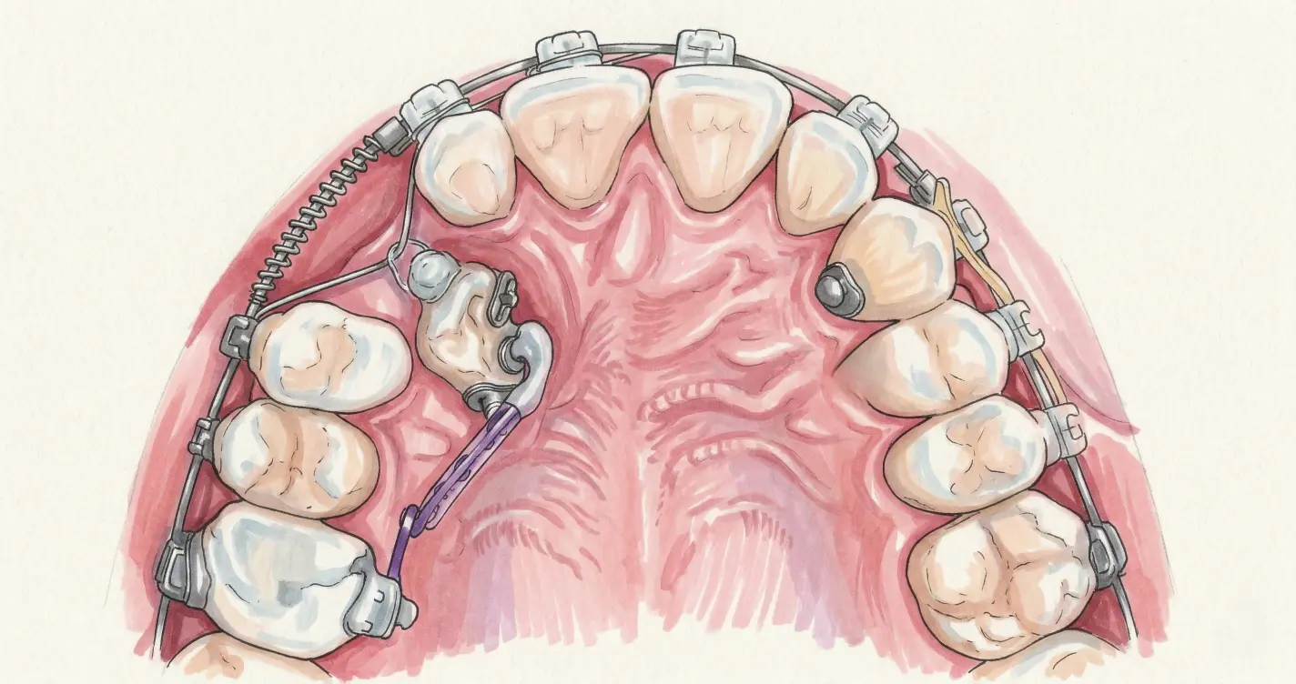 Вытяжение ретинированного клыка ортодонтически с помощью брекетов