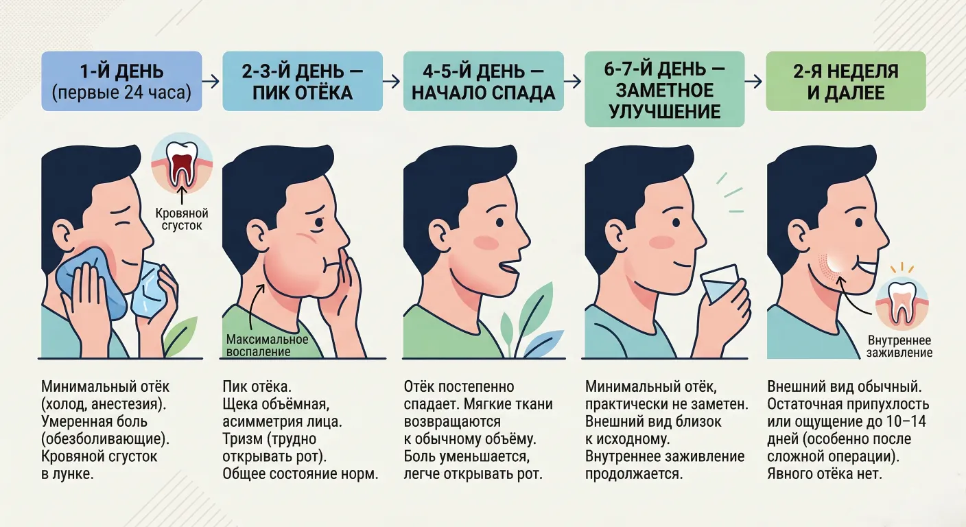 Последовательность заживления и спада отёка после удаления зуба мудрости